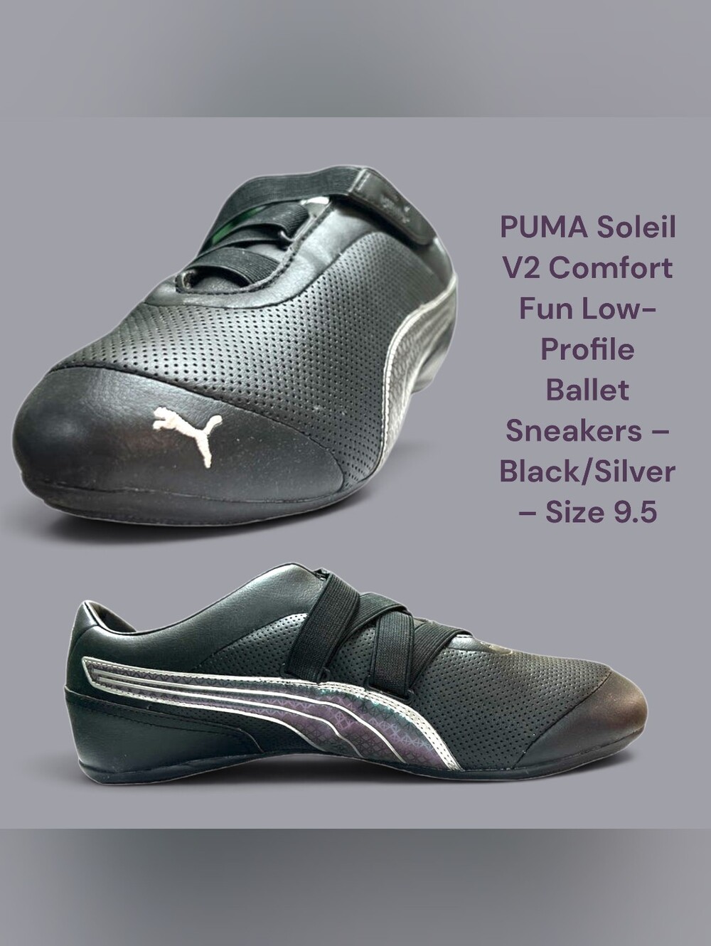 PUMA Soleil V2 Comfort Fun Low-Profile Ballet Sneakers – Black/Silver – Size 9.5
